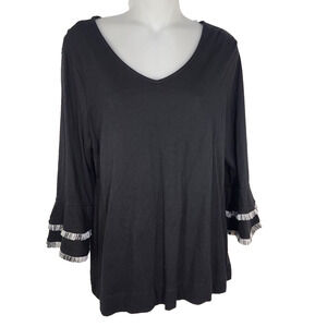 Chico’s Top Women Size 1 Medium Double Layer Fringe Black 3/4 Sleeve Cottaegcore